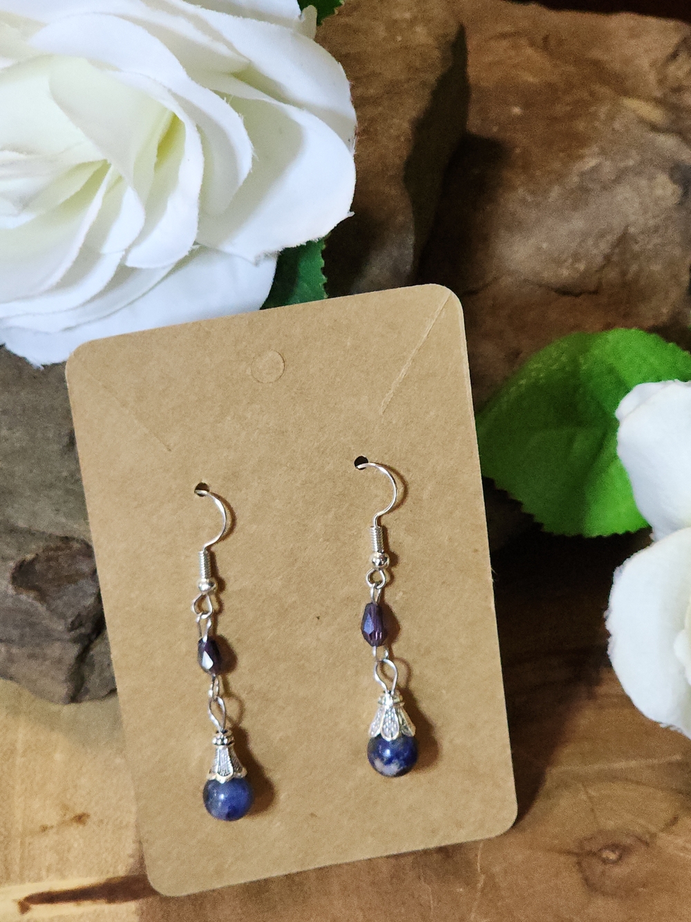 Dangle Earrings In Silver-Tone Blue Swirled Stone Beads & Crystal Accents